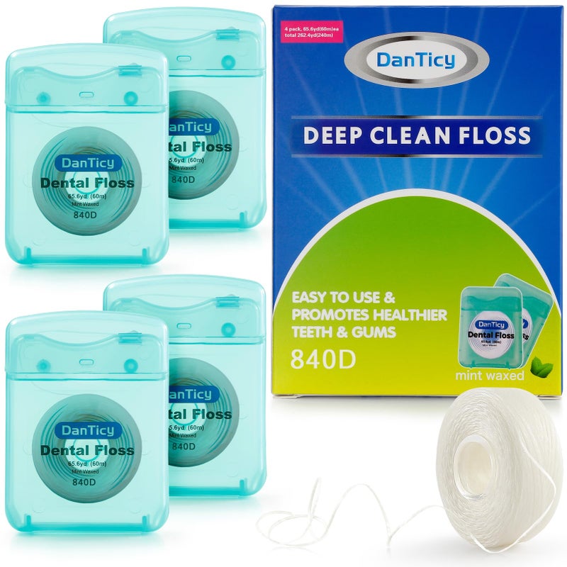 Dental Floss Deep Clean Waxed 840D Floss, Extra Wide Cleaning and Slides Smoothly & Easily is Perfect for Individuals with Tight Small Gaps Between Teeth Mint Flavored, 66Yards x 4 Pack 840D